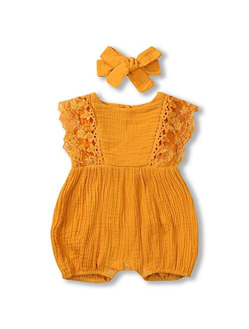 KCSLLCA Baby Girls Lace Romper Set Ruffle Sleeve Solid Color Onesie with Headband