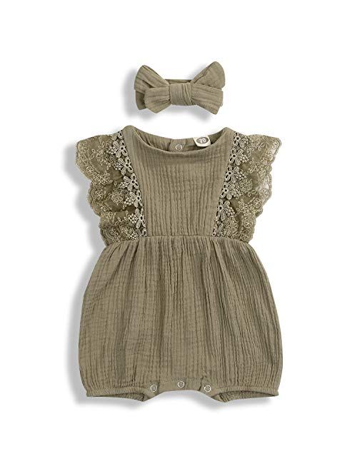 KCSLLCA Baby Girls Lace Romper Set Ruffle Sleeve Solid Color Onesie with Headband