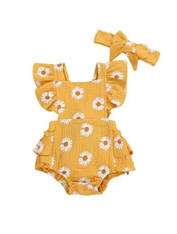 Ma&Baby Baby Girls Daisy Playsuits Ruffled Bodysuit+Headband Print Fly Sleeve Romper Floral Jumpsuit Infant Summer Clothes