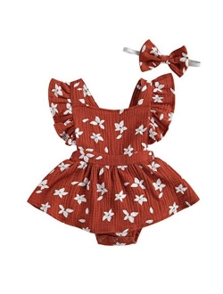 Ma&Baby Baby Girls Daisy Playsuits Ruffled Bodysuit+Headband Print Fly Sleeve Romper Floral Jumpsuit Infant Summer Clothes