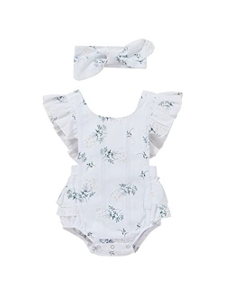 Ma&Baby Baby Girls Daisy Playsuits Ruffled Bodysuit+Headband Print Fly Sleeve Romper Floral Jumpsuit Infant Summer Clothes