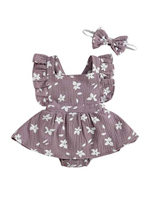 Ma&Baby Baby Girls Daisy Playsuits Ruffled Bodysuit+Headband Print Fly Sleeve Romper Floral Jumpsuit Infant Summer Clothes