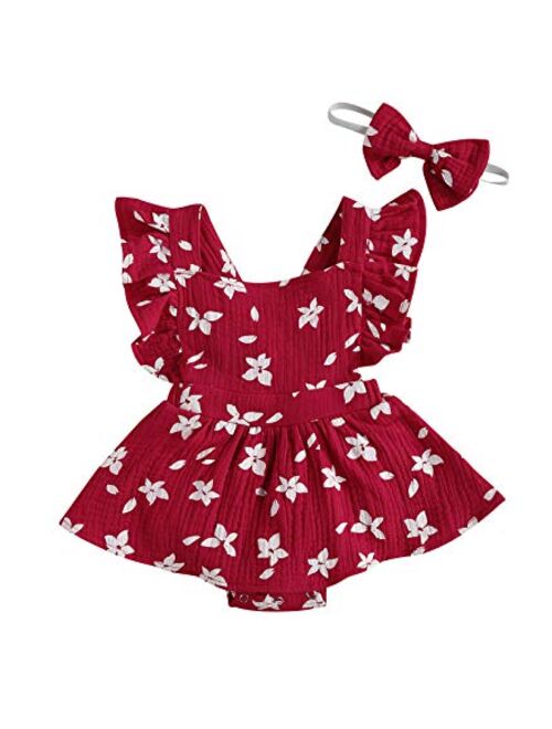 Ma&Baby Baby Girls Daisy Playsuits Ruffled Bodysuit+Headband Print Fly Sleeve Romper Floral Jumpsuit Infant Summer Clothes