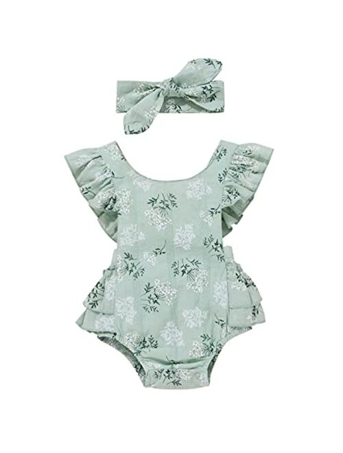 Ma&Baby Baby Girls Daisy Playsuits Ruffled Bodysuit+Headband Print Fly Sleeve Romper Floral Jumpsuit Infant Summer Clothes