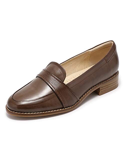 Mona flying Women's Leather Penny Loafers Slip On Flats Office Ladies Casual Shoes