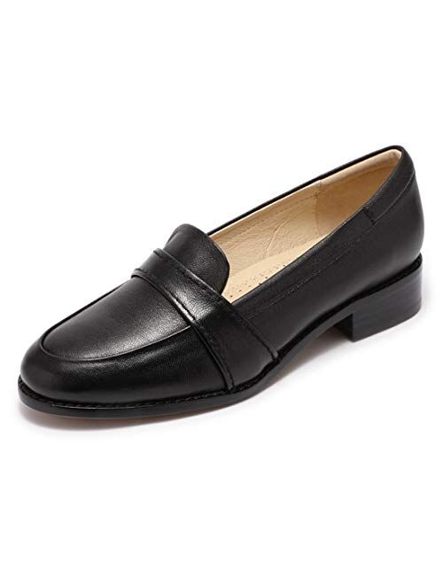 Mona flying Women's Leather Penny Loafers Slip On Flats Office Ladies Casual Shoes