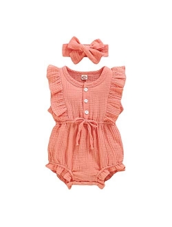 YOUNGER TREE Toddler Baby Girl Ruffled Sleeveless Romper Casual Summer Jumpsuit Cotton Linen Clothes