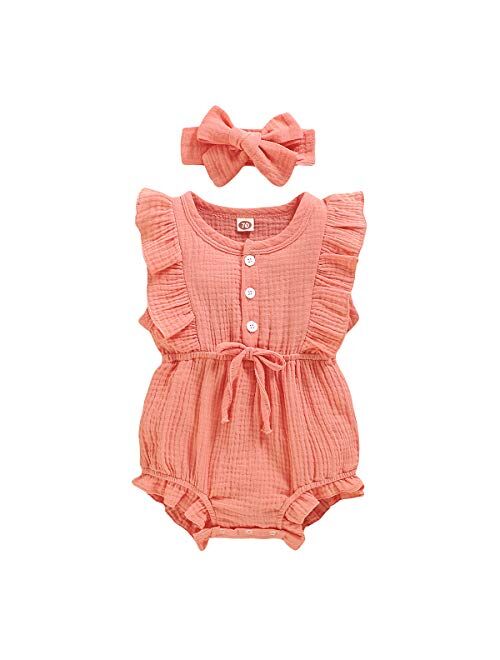 YOUNGER TREE Toddler Baby Girl Ruffled Sleeveless Romper Casual Summer Jumpsuit Cotton Linen Clothes