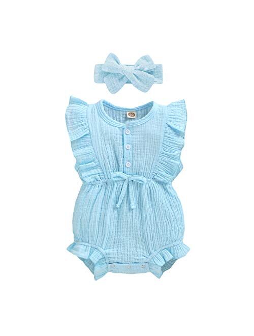 YOUNGER TREE Toddler Baby Girl Ruffled Sleeveless Romper Casual Summer Jumpsuit Cotton Linen Clothes