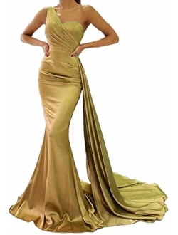 Raomiao One Shoulder Mermaid Prom Dresses for Women Long Satin with Train Formal Evening Party Gowns 2022