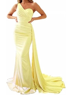 Raomiao One Shoulder Mermaid Prom Dresses for Women Long Satin with Train Formal Evening Party Gowns 2022