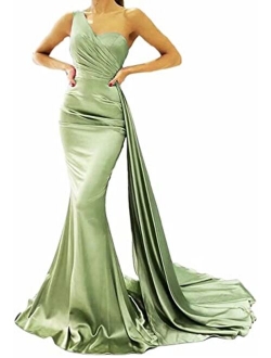 Raomiao One Shoulder Mermaid Prom Dresses for Women Long Satin with Train Formal Evening Party Gowns 2022