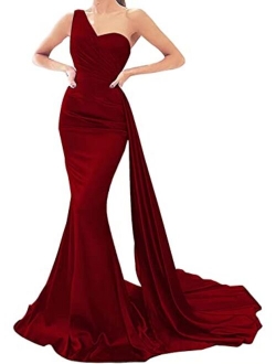 Raomiao One Shoulder Mermaid Prom Dresses for Women Long Satin with Train Formal Evening Party Gowns 2022