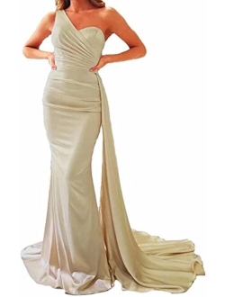 Raomiao One Shoulder Mermaid Prom Dresses for Women Long Satin with Train Formal Evening Party Gowns 2022