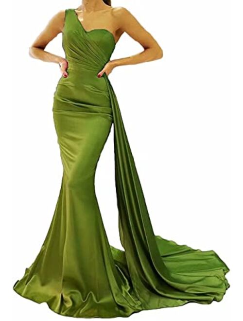 Raomiao One Shoulder Mermaid Prom Dresses for Women Long Satin with Train Formal Evening Party Gowns 2022