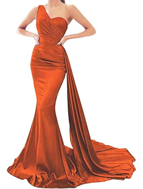 Raomiao One Shoulder Mermaid Prom Dresses for Women Long Satin with Train Formal Evening Party Gowns 2022