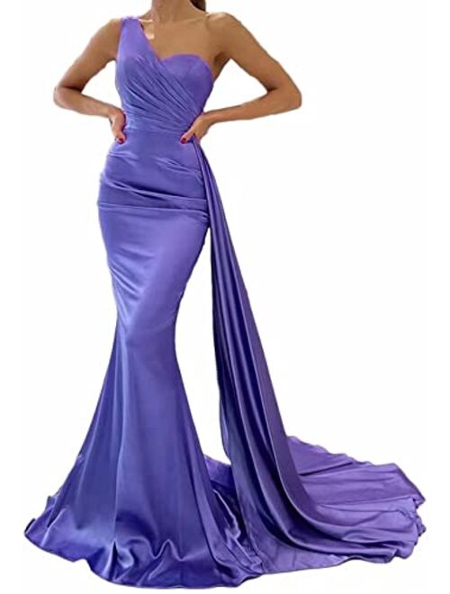 Raomiao One Shoulder Mermaid Prom Dresses for Women Long Satin with Train Formal Evening Party Gowns 2022