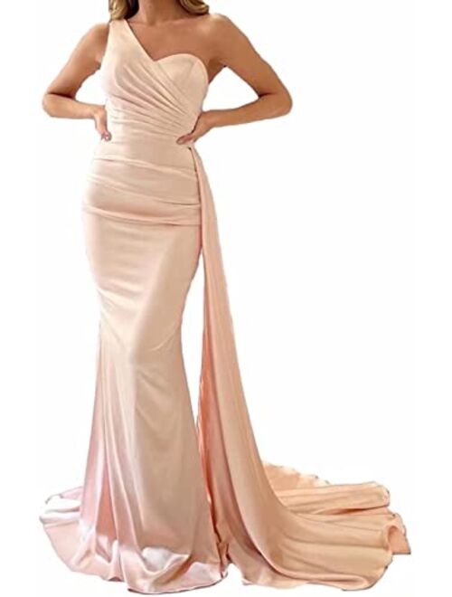 Raomiao One Shoulder Mermaid Prom Dresses for Women Long Satin with Train Formal Evening Party Gowns 2022