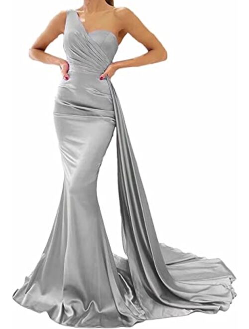 Raomiao One Shoulder Mermaid Prom Dresses for Women Long Satin with Train Formal Evening Party Gowns 2022