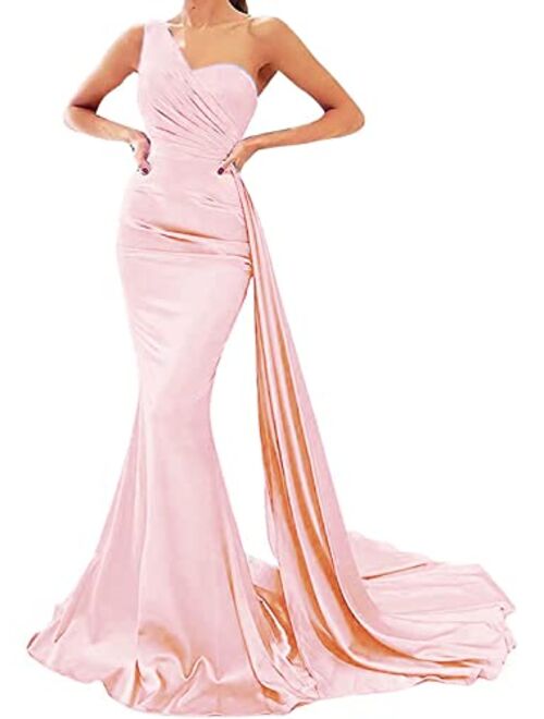 Raomiao One Shoulder Mermaid Prom Dresses for Women Long Satin with Train Formal Evening Party Gowns 2022