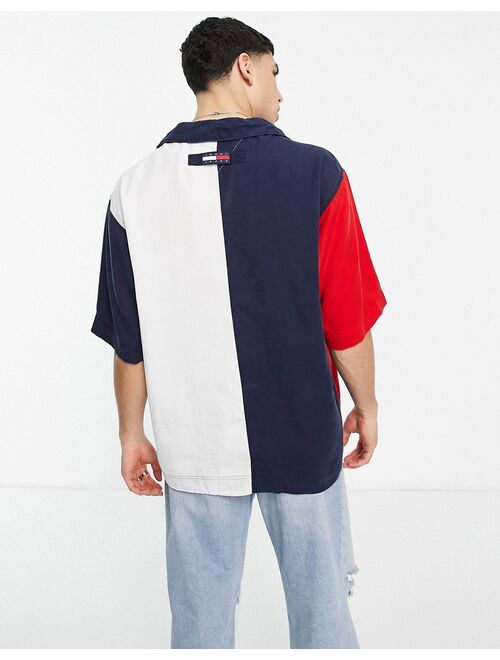 Tommy Hilfiger Tommy Jeans archive color block tencel short sleeve camp shirt boxy fit in navy