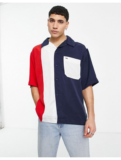 Tommy Hilfiger Tommy Jeans archive color block tencel short sleeve camp shirt boxy fit in navy