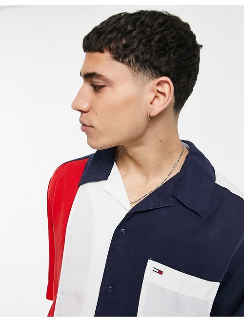 Tommy Hilfiger Tommy Jeans archive color block tencel short sleeve camp shirt boxy fit in navy