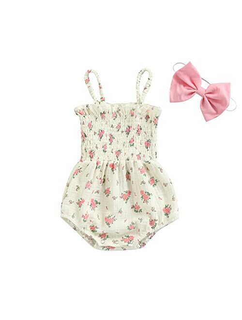 Biayxms Infant Baby Girls Floral Cotton Strappy Halter Romper Bodysuit and Headband Ruffled Jumpsuit Sunsuit Baby Girl Summer Clothes