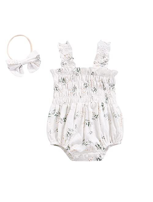 Biayxms Infant Baby Girls Floral Cotton Strappy Halter Romper Bodysuit and Headband Ruffled Jumpsuit Sunsuit Baby Girl Summer Clothes