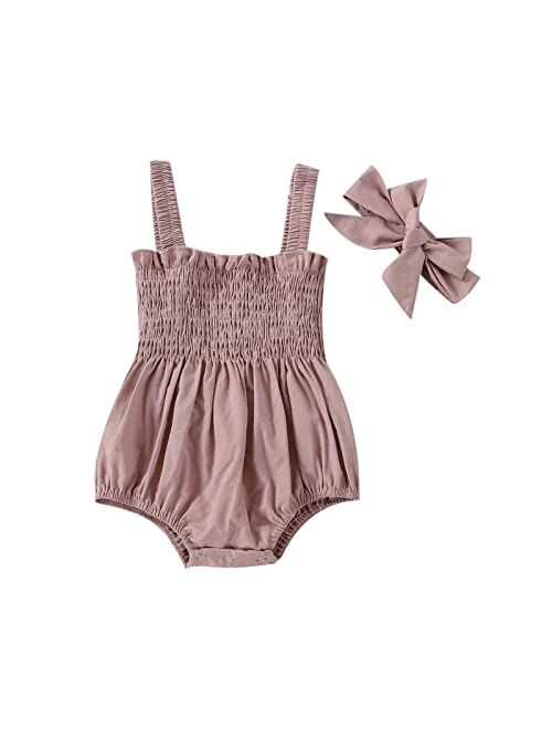 Biayxms Infant Baby Girls Floral Cotton Strappy Halter Romper Bodysuit and Headband Ruffled Jumpsuit Sunsuit Baby Girl Summer Clothes