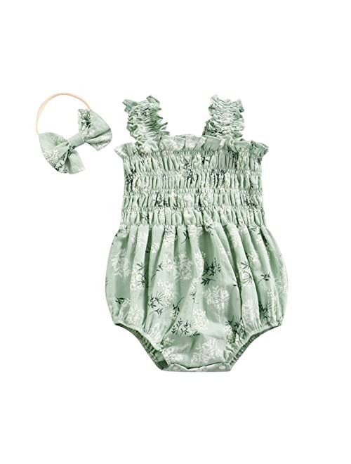 Biayxms Infant Baby Girls Floral Cotton Strappy Halter Romper Bodysuit and Headband Ruffled Jumpsuit Sunsuit Baby Girl Summer Clothes