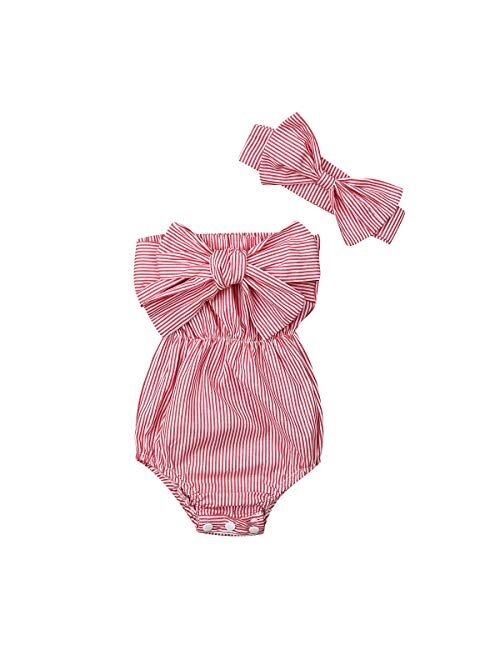 N /D Txlixc 2PC Newborn Baby Girls Clothes Striped Jumpsuit Romper Playsuit Headband Outfits 0-24 Months