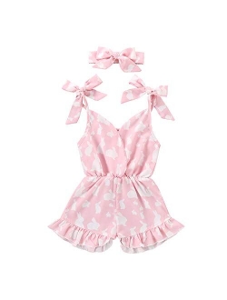 Flashing boy One-Piece Toddler Kid Baby Girl Easter Outfit Bowknot Strap Romper Ruffle Bunny Print Jumpsuit Headband