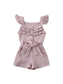 Hearyoo Toddler Baby Girl Romper Jumpsuit Fly Sleeve Bodysuit Ruffle Sleeveless Pockets One Piece Overall Kids Girls Summer Clothes