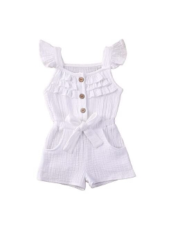 Hearyoo Toddler Baby Girl Romper Jumpsuit Fly Sleeve Bodysuit Ruffle Sleeveless Pockets One Piece Overall Kids Girls Summer Clothes