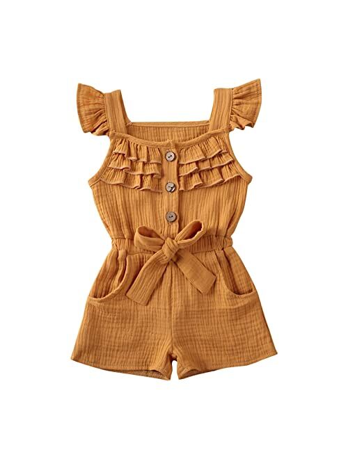 Hearyoo Toddler Baby Girl Romper Jumpsuit Fly Sleeve Bodysuit Ruffle Sleeveless Pockets One Piece Overall Kids Girls Summer Clothes