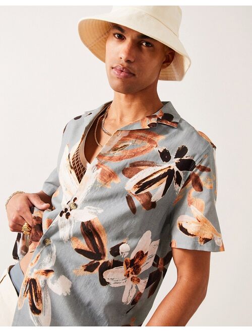 ASOS DESIGN relaxed revere shirt in linen mix with floral print