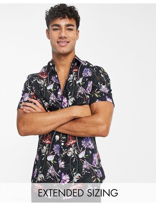 ASOS DESIGN stretch slim floral shirt in black