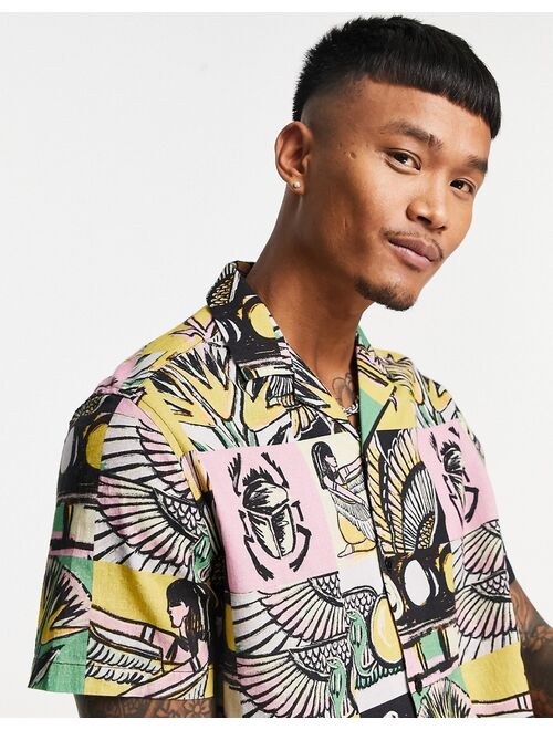 ASOS DESIGN relaxed revere linen shirt in symbol patchwork print