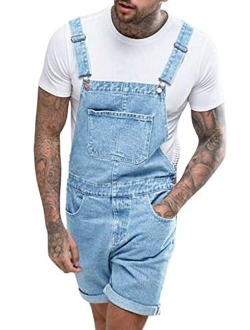 Runcati Mens Denim Shorts Bib Overall Jean Romper Casual Loose Fit Walkshort Button Pockets Summer Jumpersuit