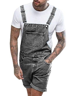 Runcati Mens Denim Shorts Bib Overall Jean Romper Casual Loose Fit Walkshort Button Pockets Summer Jumpersuit