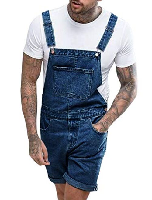 Runcati Mens Denim Shorts Bib Overall Jean Romper Casual Loose Fit Walkshort Button Pockets Summer Jumpersuit