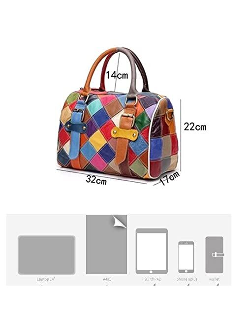 DownUpdown Women Handbag Genuine Leather Handmade Multicolor Splice Tote Bag Shoulder Bag with Long Strap