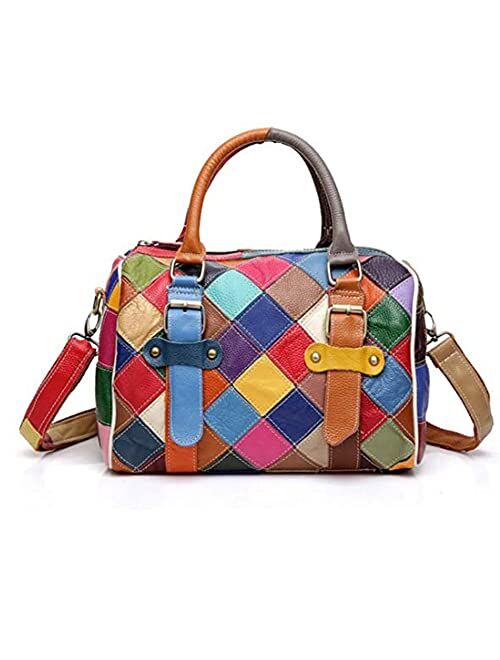 DownUpdown Women Handbag Genuine Leather Handmade Multicolor Splice Tote Bag Shoulder Bag with Long Strap