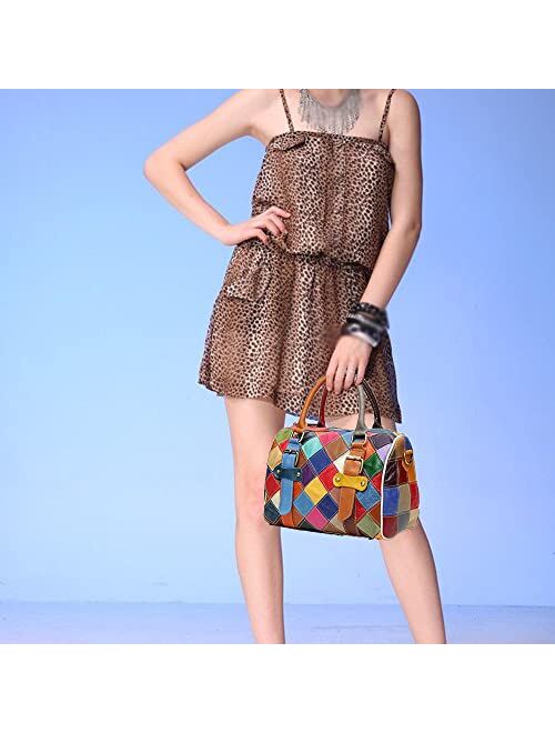 DownUpdown Women Handbag Genuine Leather Handmade Multicolor Splice Tote Bag Shoulder Bag with Long Strap