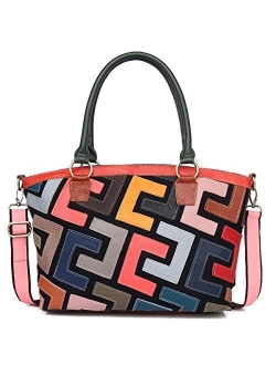 Segater Women Multicolor Genuine Leather Tote Handbag Colorful Graffiti Crossbody Bags