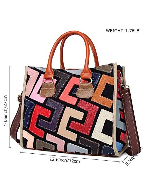 Segater Women Multicolor Genuine Leather Tote Handbag Colorful Graffiti Crossbody Bags