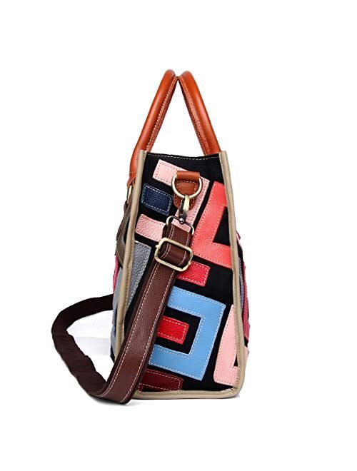 Segater Women Multicolor Genuine Leather Tote Handbag Colorful Graffiti Crossbody Bags