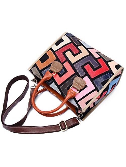 Segater Women Multicolor Genuine Leather Tote Handbag Colorful Graffiti Crossbody Bags