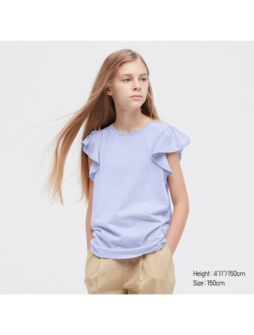 UNIQLO GIRLS SMOOTH COTTON FRILLED SHORT-SLEEVE T-SHIRT